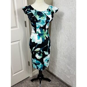 Love Ady Floral Bodycon Sheath Dress Ruffle Sleeve Teal Black Party Girl‎ Medium